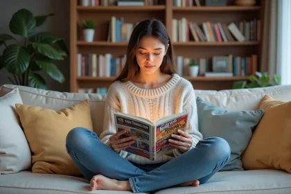 Jeune femme lisant un manga dans un salon cosy