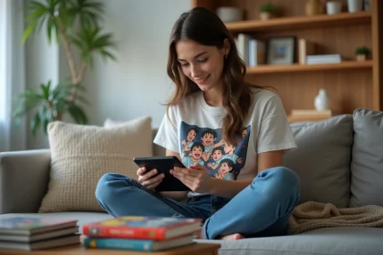 Jeune femme lisant manga sur tablette dans salon cosy