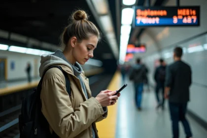 Jeune femme dans le métro de Paris vérifiant les horaires
