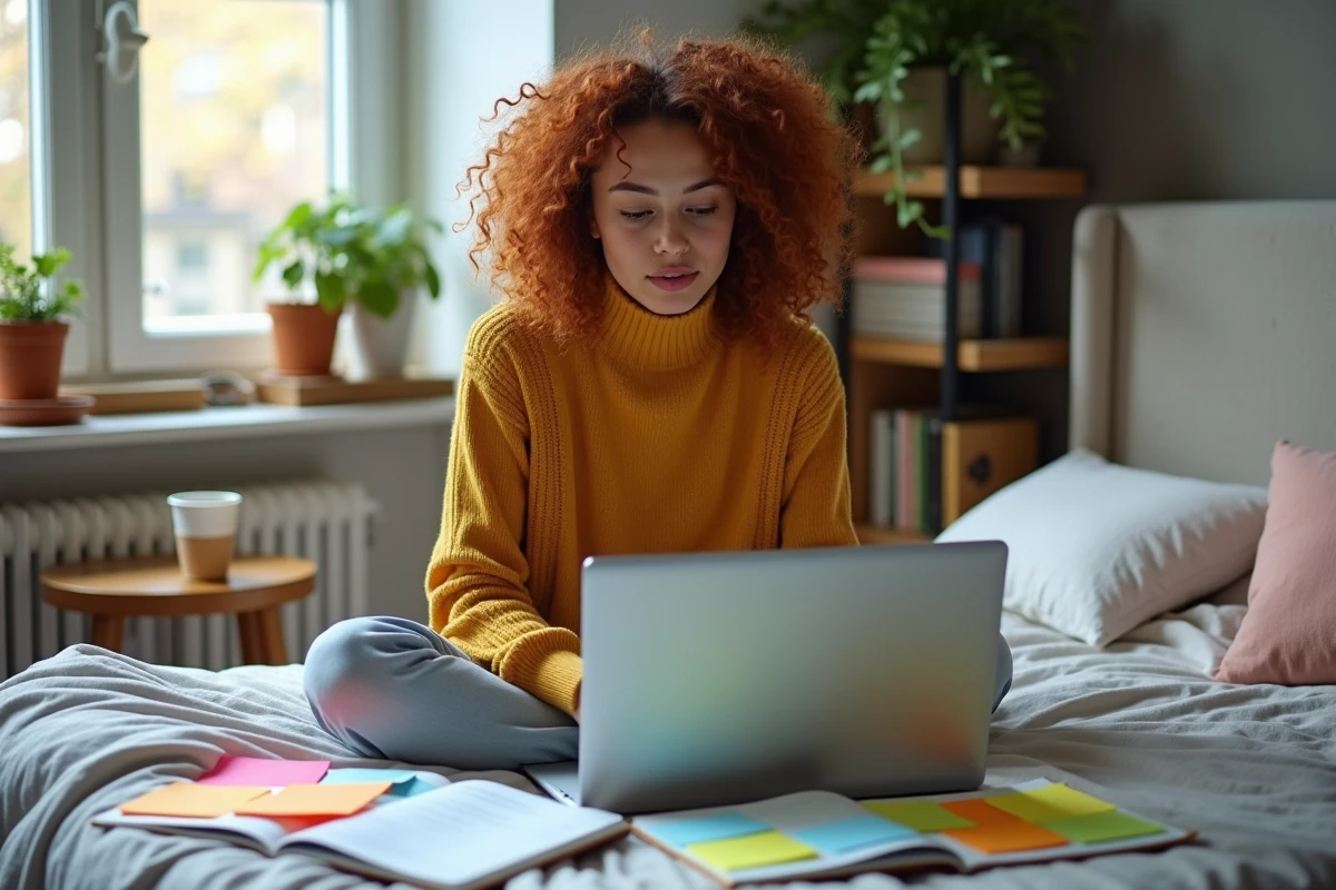 Jeune femme étudiant le participe passé en français sur son ordinateur portable entourée de notes de grammaire dans sa chambre