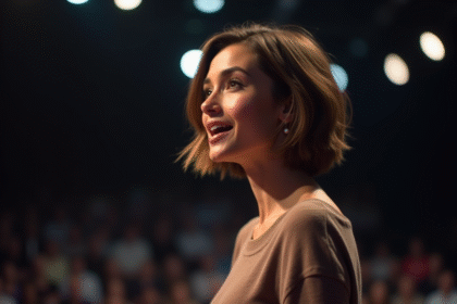 Jeune femme confiante parlant sur scène lors d'un événement