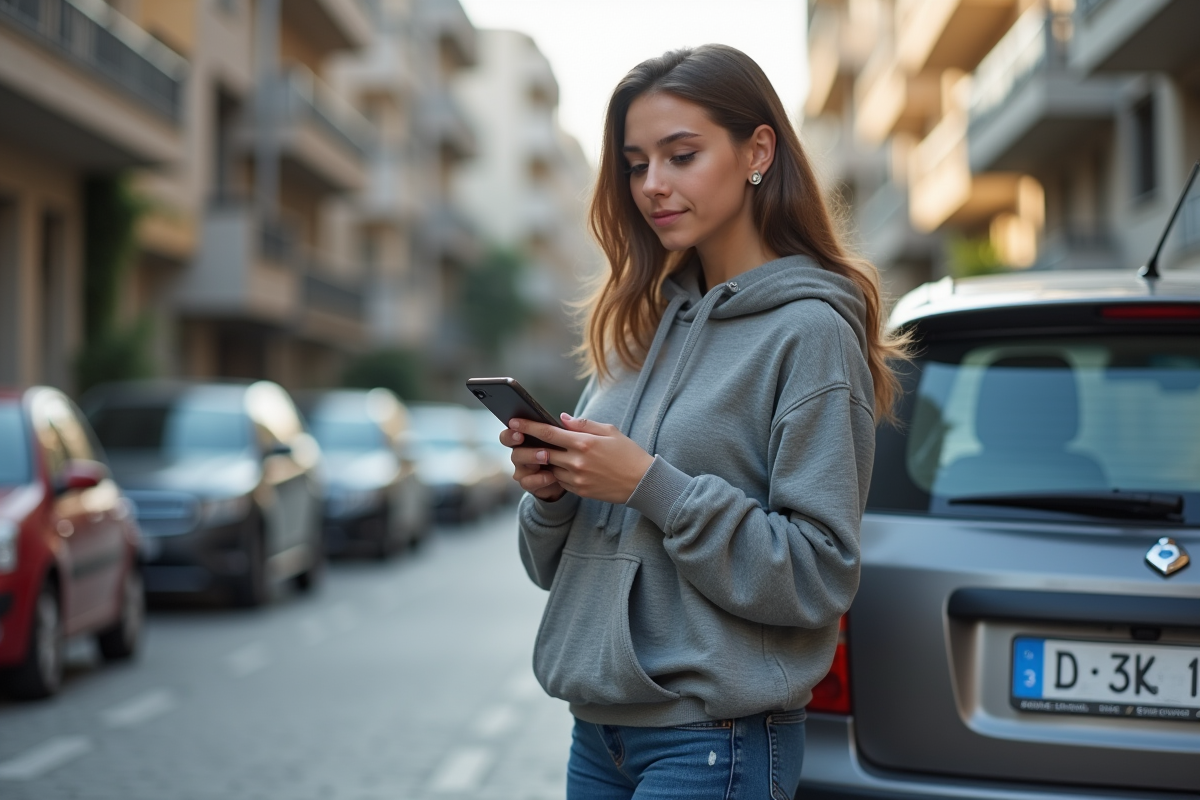 Jeune femme avec hoodie utilise son smartphone dans la rue urbaine
