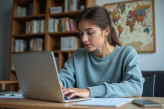 Jeune femme en sweater bleu compare des sites de traduction