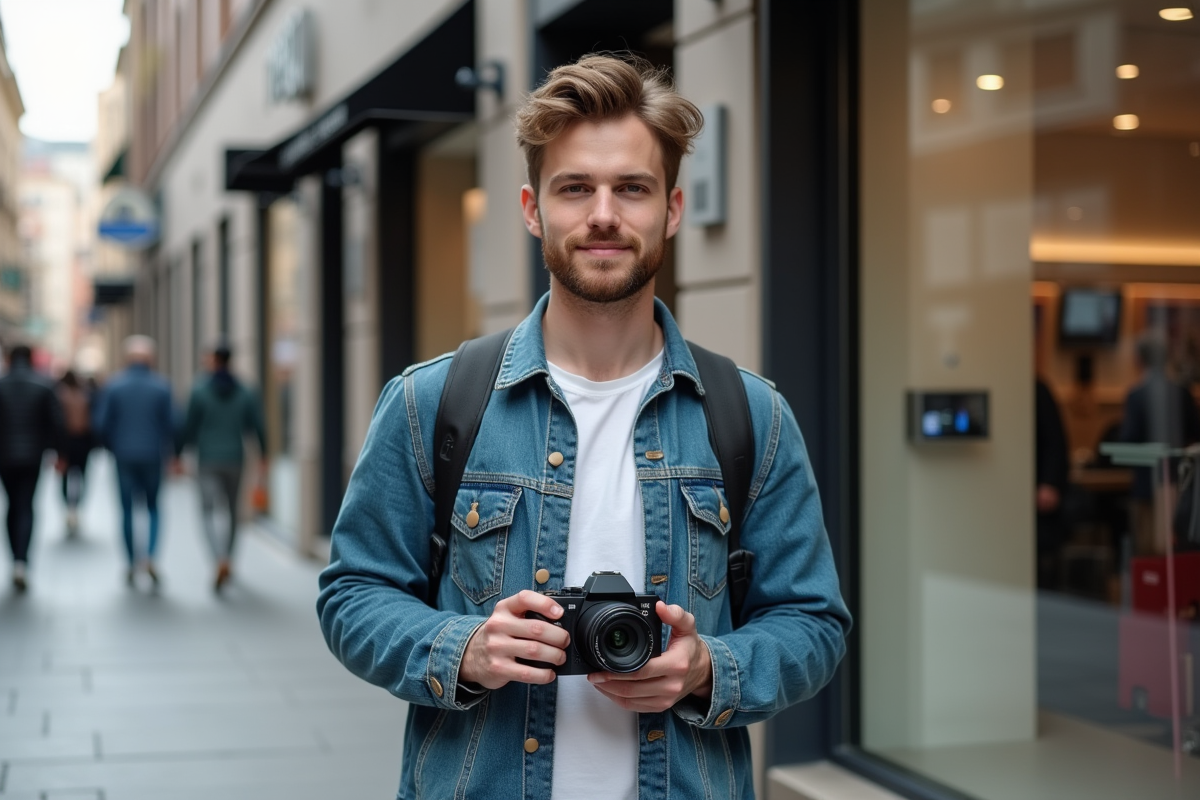 Jeune homme avec appareils électroniques en rue urbaine