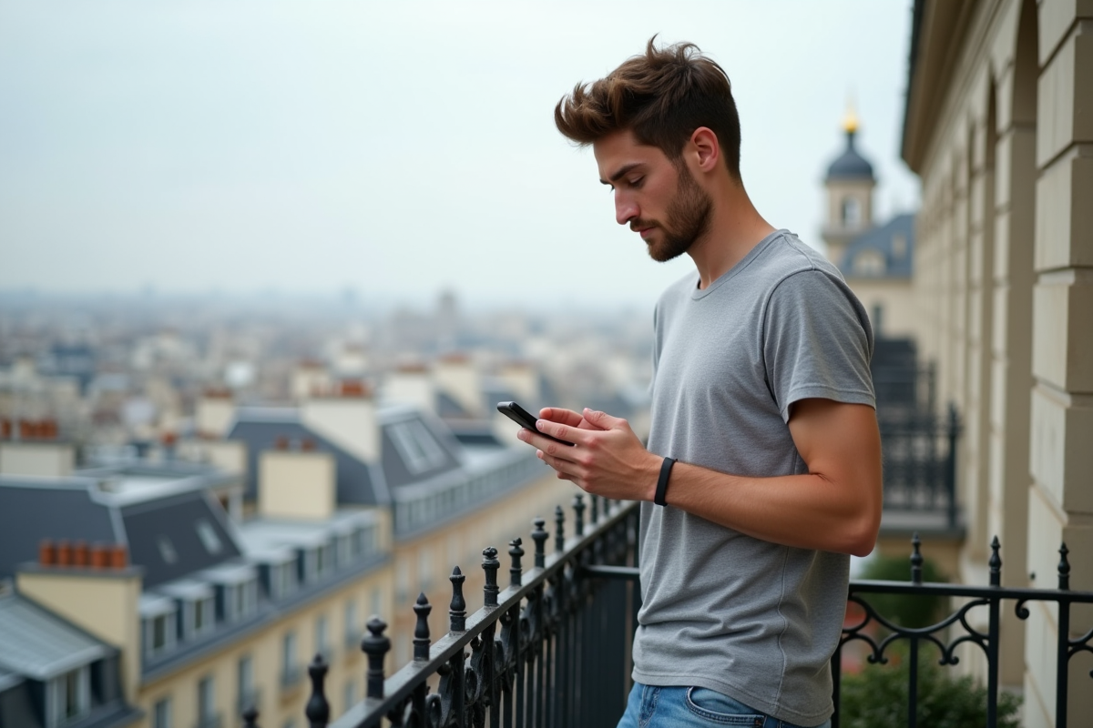 Jeune homme tapant un numéro italien sur un balcon parisien