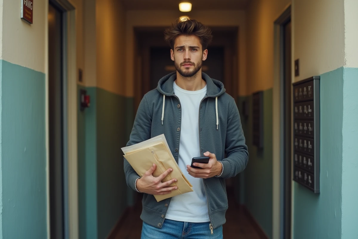 Jeune homme devant sa porte avec du courrier non sollicité