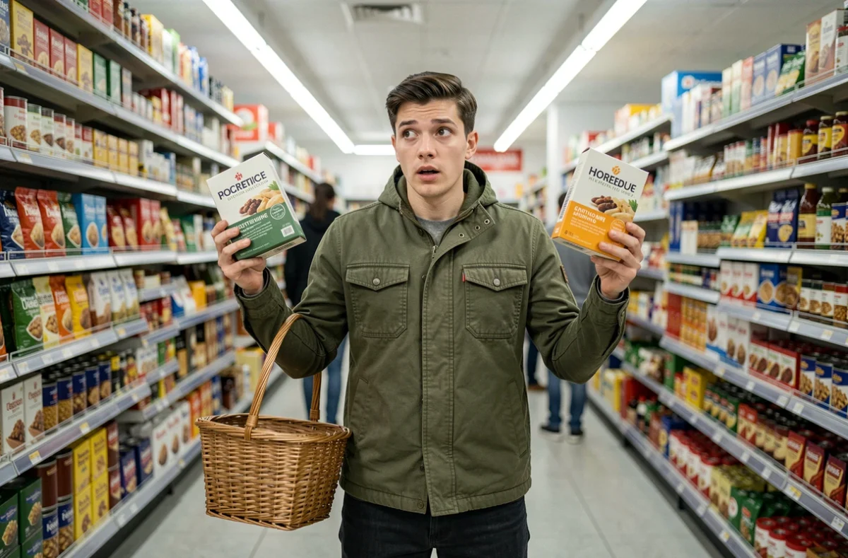 Jeune homme paralysé par le choix entre deux produits identiques dans un rayon de supermarché, illustration concrète de l'indécision quotidienne et du paradoxe de Buridan