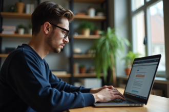 Jeune homme concentré travaillant sur son ordinateur dans un bureau moderne