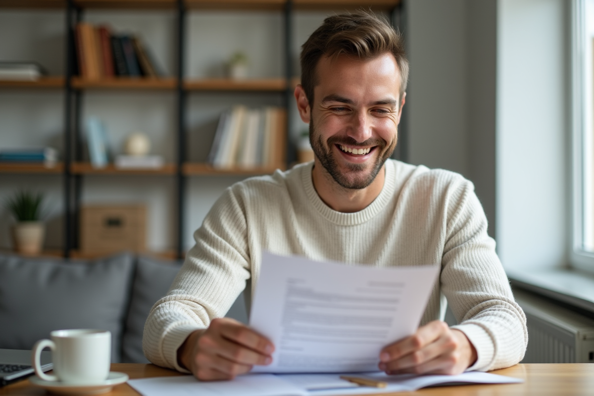 Jeune homme lit un contrat de prêt dans son salon