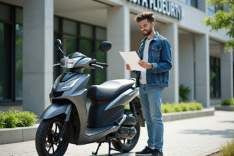 Jeune homme avec moto 50cc et documents officiels
