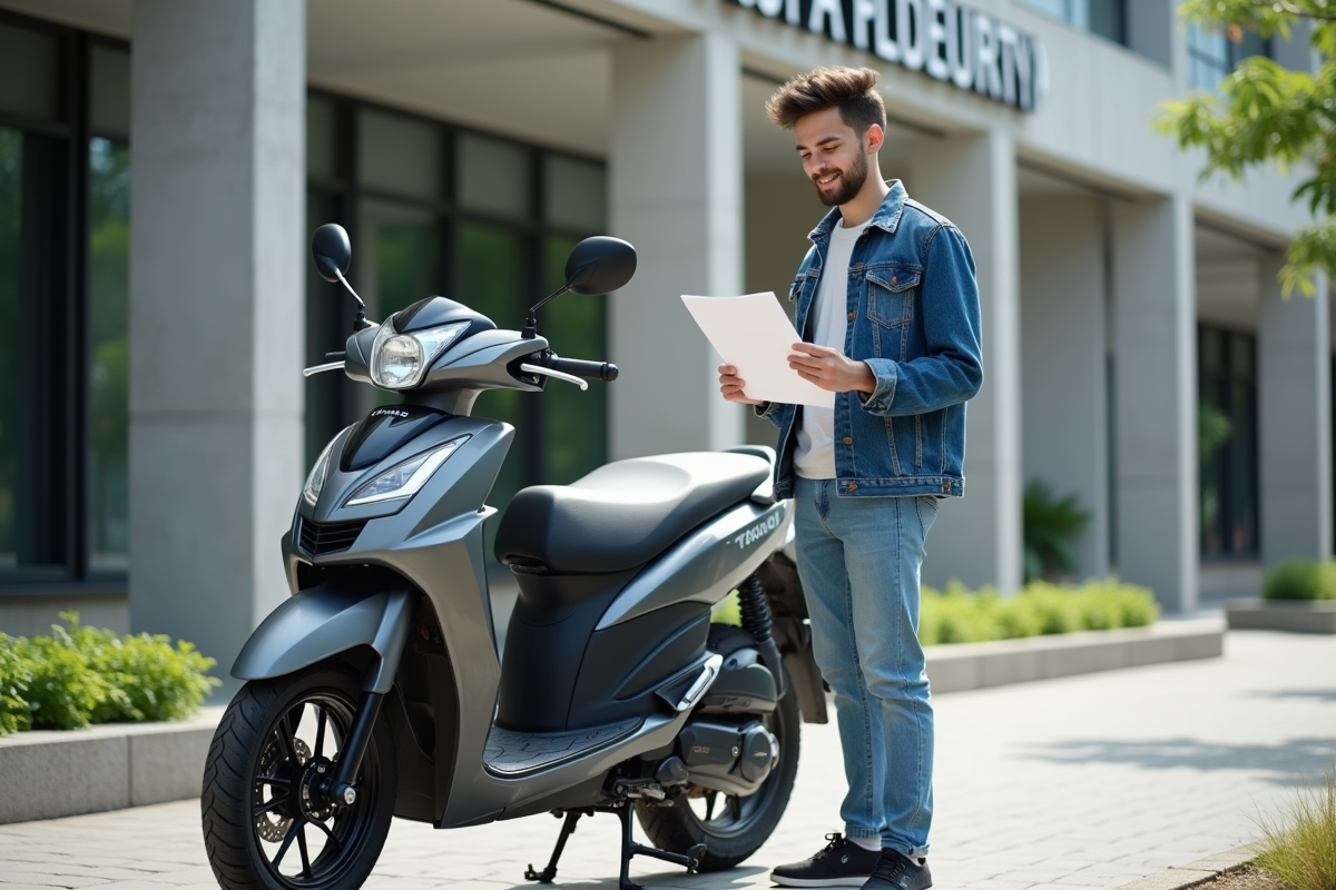 Jeune homme avec moto 50cc et documents officiels