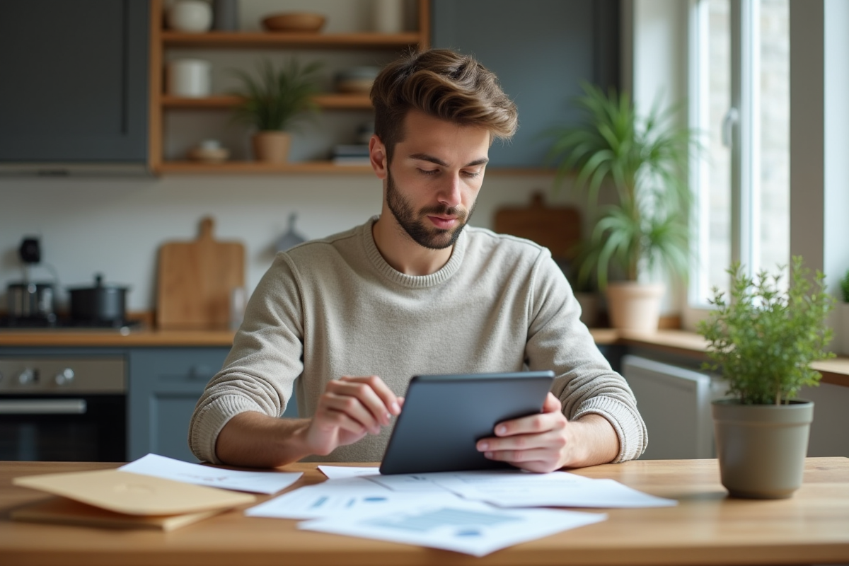 Jeune homme comparant graphiques sur tablette à la maison