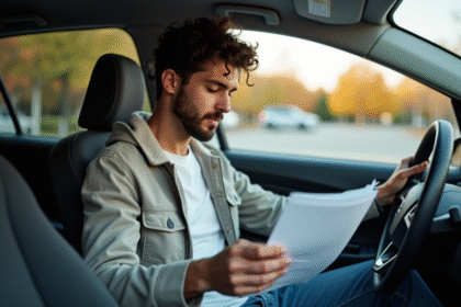 Jeune homme dans sa voiture examine des documents d'assurance