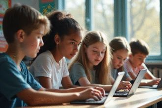 Groupe de jeunes collaborant avec tablettes dans une salle lumineuse