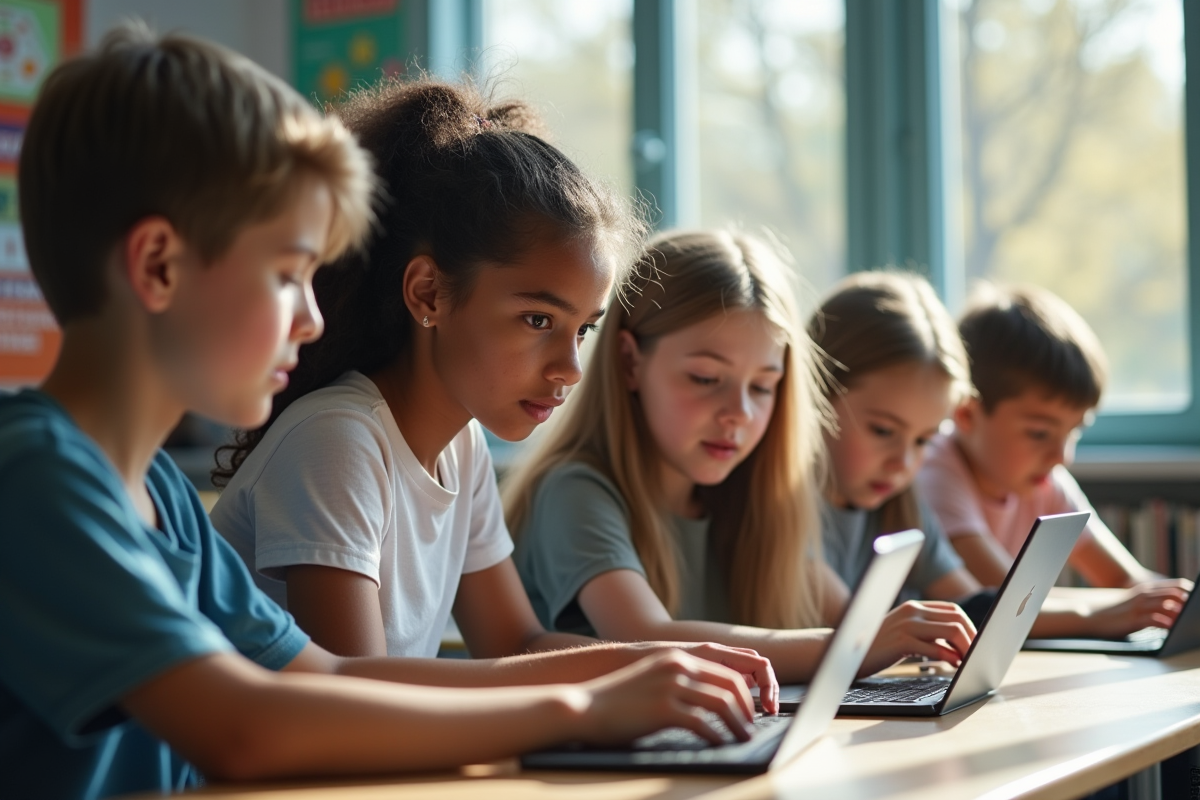 Groupe de jeunes collaborant avec tablettes dans une salle lumineuse