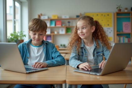 Adolescents utilisant laptops dans une classe moderne
