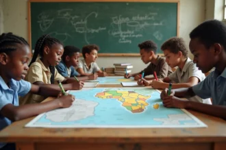 Jeunes en classe traçant la carte de l'Afrique