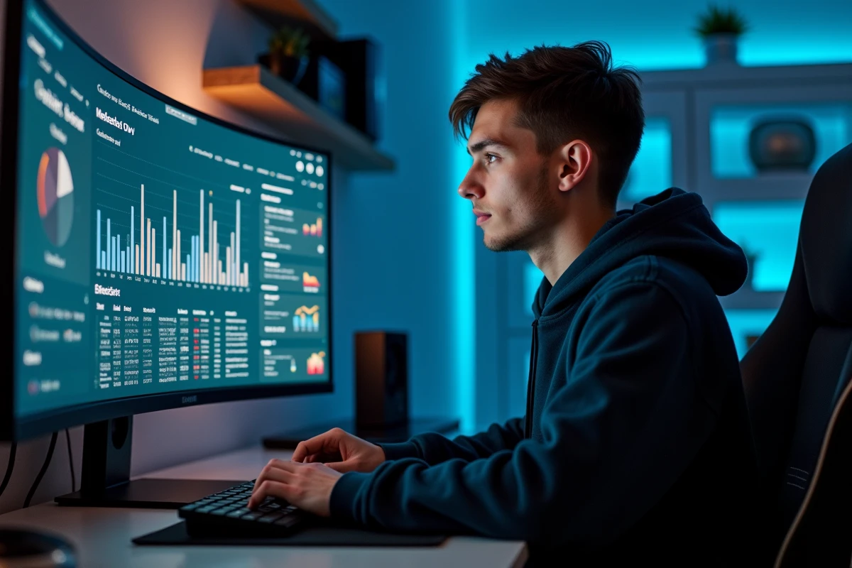 Joueur analysant les statistiques de son personnage Dromoy sur un écran d'ordinateur ultrawide avec des graphiques détaillés