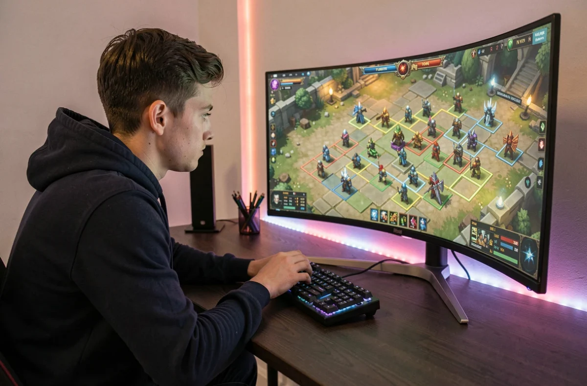 Joueur concentré devant un écran de jeu TFT avec des champions disposés sur un plateau hexagonal en formation tactique