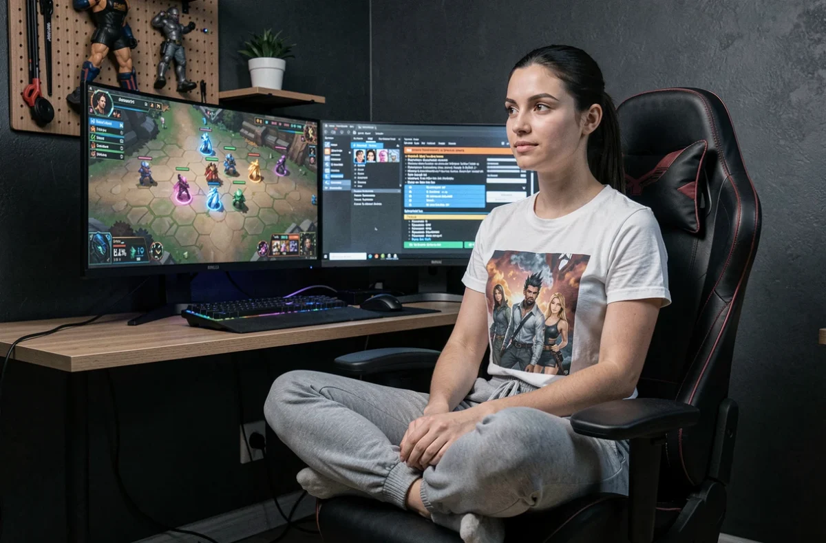 Joueuse devant un double écran affichant une partie TFT en cours et un guide de positionnement en français sur un deuxième moniteur