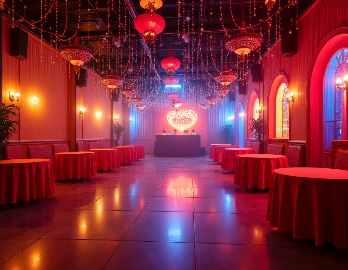 La Fiesta, salle de fête colorée avec piste de danse, décoration festive et espace pour DJ
