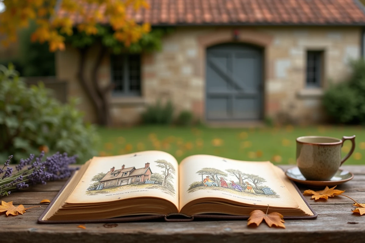 Livre de comptines illustrées ouvert sur une table de jardin en bois devant une maison en pierre française