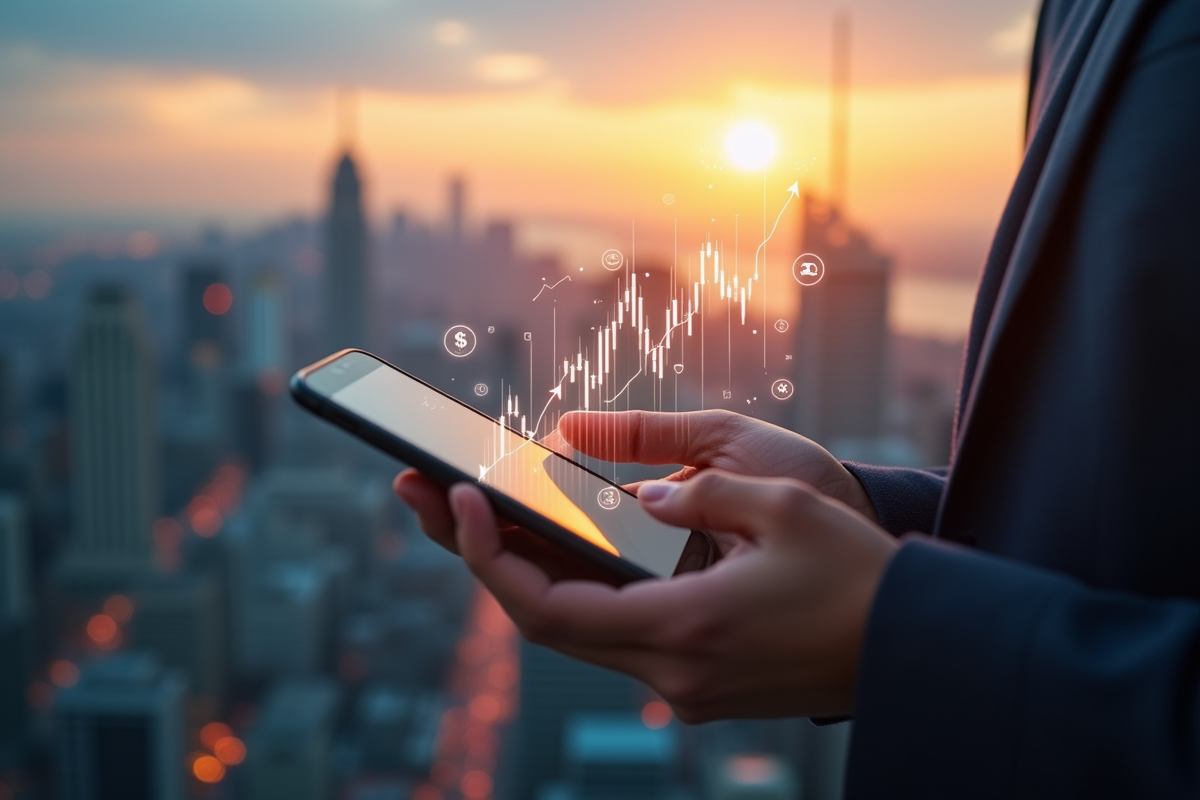 Main tenant un smartphone avec graphique boursier en hausse