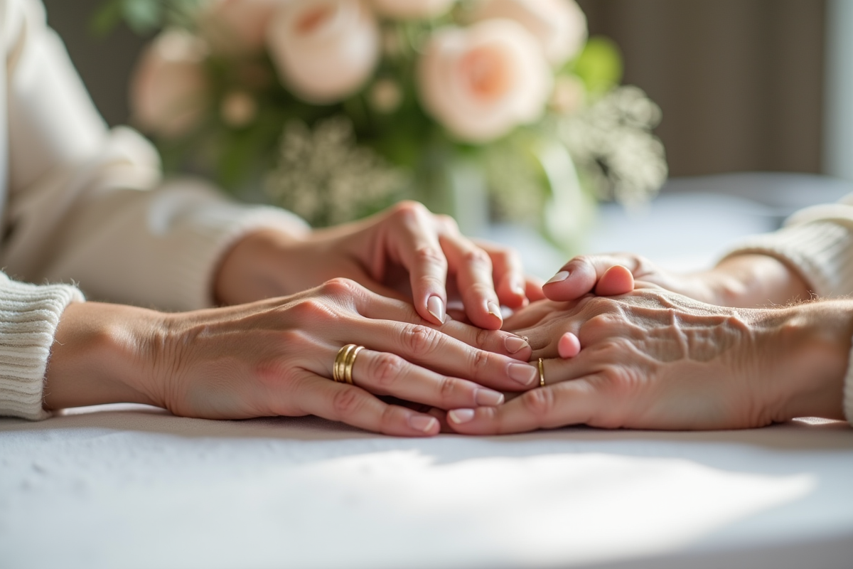 Mains d un couple agee avec bagues de mariage en gros plan