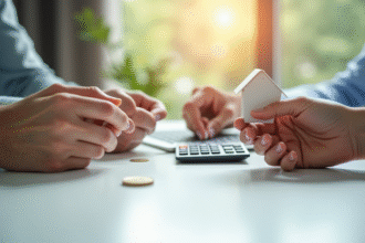 Trois mains tenant une pièce une calculatrice et une maison