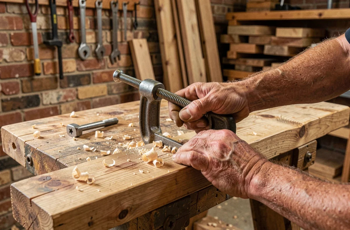 Gros plan de mains de charpentier serrant un serre-joint en G sur une planche de chêne en atelier