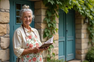 Grand-mère souriante à l'entrée d'une maison de campagne française tenant un livre de comptines illustrées