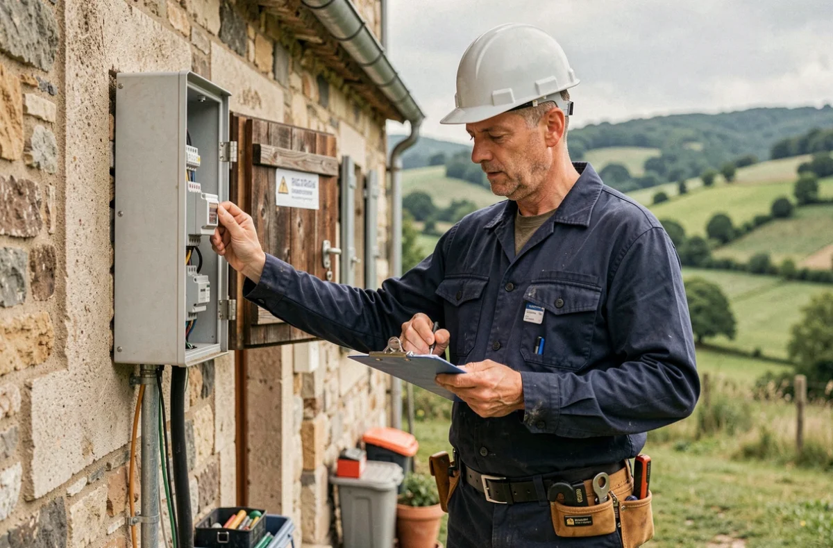Un électricien professionnel en Corrèze devant un bâtiment en pierre avec un tableau électrique ouvert, représentant les meilleurs électriciens de la région