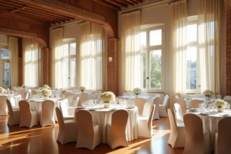 Vue d'ensemble d'une salle de réception élégante en Seine-Saint-Denis avec tables dressées et décoration soignée
