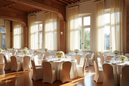 Vue d'ensemble d'une salle de réception élégante en Seine-Saint-Denis avec tables dressées et décoration soignée