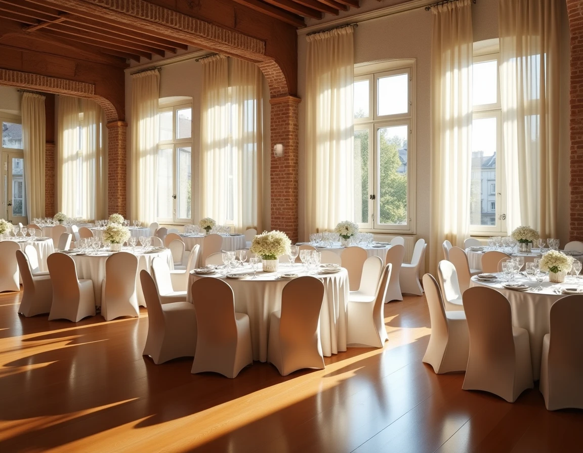 Vue d'ensemble d'une salle de réception élégante en Seine-Saint-Denis avec tables dressées et décoration soignée