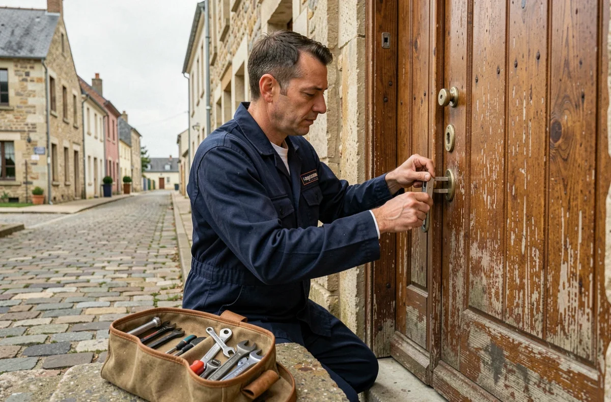 Serrurier professionnel en Vendée intervenant sur une porte en bois dans une rue pavée typique