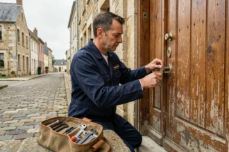 Serrurier professionnel en Vendée intervenant sur une porte en bois dans une rue pavée typique