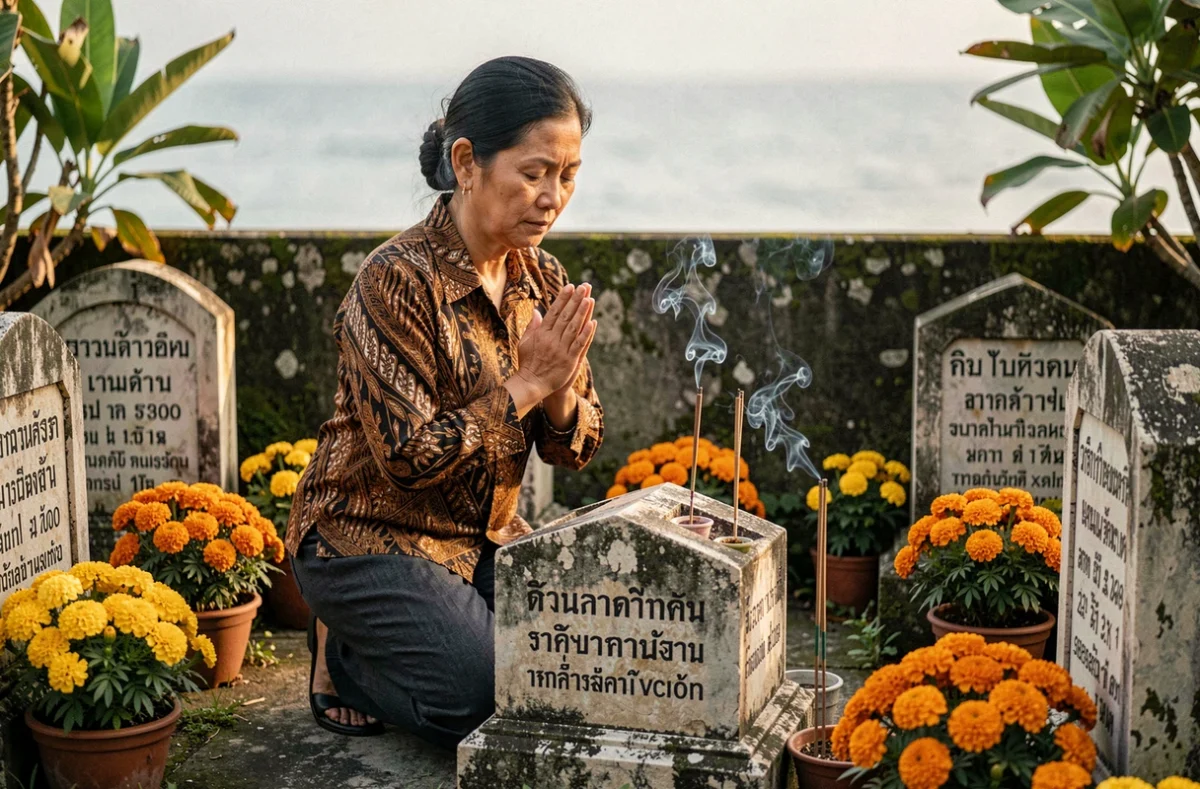 Femme thaïlandaise en prière devant un mémorial aux victimes du tsunami à Phuket, Thaïlande