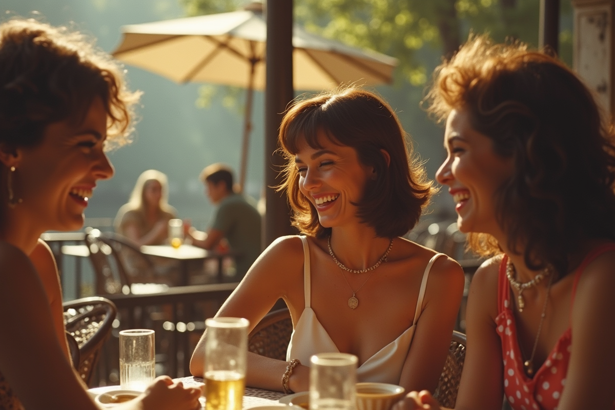Mireille Mathieu riant avec des amis dans un café parisien vintage