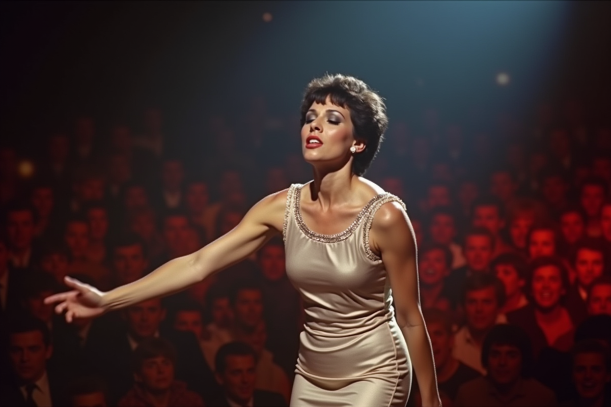 Mireille Mathieu en performance sur scène dans les années 70