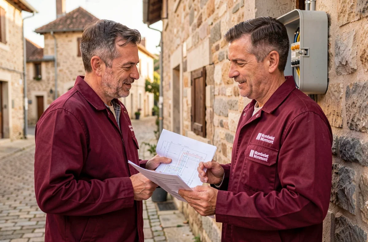 Deux électriciens de Mombelet Monmont consultant des schémas électriques devant un bâtiment en pierre d'un village de Corrèze