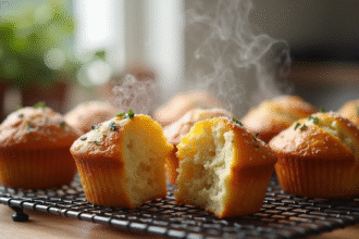 Muffins salés chauds sur une grille avec vapeur et fromage