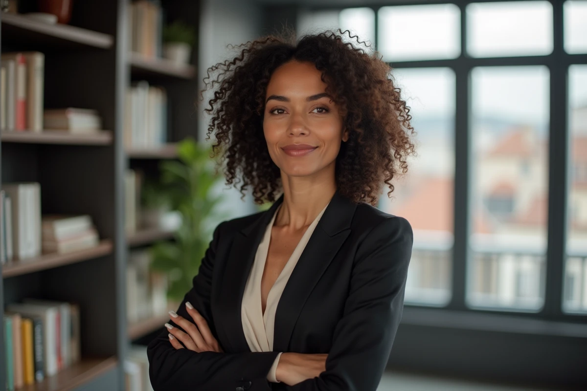 Femme politique d'origine marocaine en veste sombre dans un bureau parisien moderne, illustrant l'influence des origines sur une carrière politique