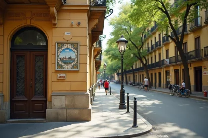 Panneau de rue en azulejo sur un immeuble de l'Eixample à Barcelone indiquant un code postal
