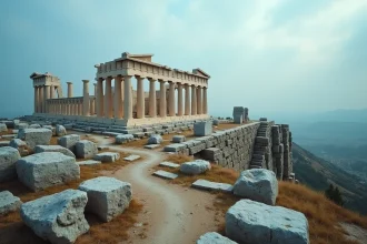 Vue panoramique de ruines grecques antiques avec colonnes de marbre et temples sur une colline brumeuse, évoquant le panthéon des dieux grecs