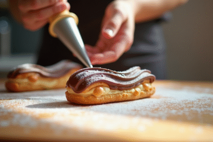 Les mains d'un chef pâtissier préparant un éclair au chocolat