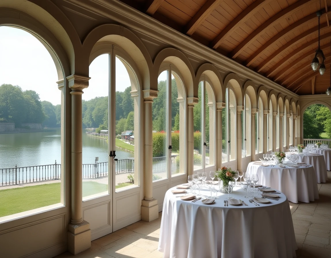 Pavillon de la Marne, salle avec vue panoramique sur la rivière et décoration classique pour réception
