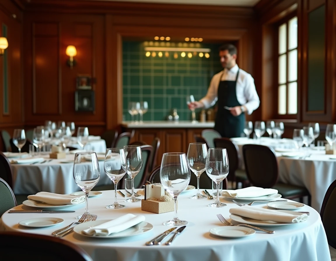 Pavillon Gourmet, salle de réception gastronomique avec table dressée en fine vaisselle et cuisine ouverte visible