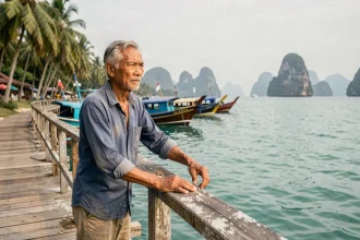 Pêcheur thaïlandais sur un ponton reconstruit à Phuket, regardant la mer d'Andaman après le tsunami de 2004