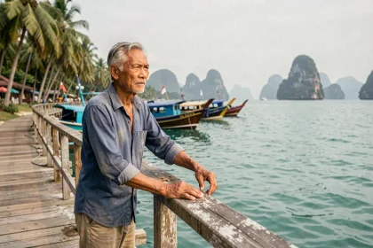 Pêcheur thaïlandais sur un ponton reconstruit à Phuket, regardant la mer d'Andaman après le tsunami de 2004